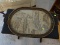 (SUNRM) VINTAGE WOOD DECORATED SERVING TRAY WITH TAPESTRY UNDER GLASS- 22 IN X 14 IN, ITEM IS SOLD