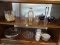 (SUNRM) SHELF LOT OF MISCELL. - DECANTER AND 2 GLASSES, CONDIMENT SET, SALAD BOWL, 5 DEMITASSE CUPS