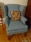 (MBD) VINTAGE CHERRY BALL AND CLAW WING BACK CHAIR IN BLUE FLORAL UPHOLSTERY- 31 IN X 21 IN X 39 IN,