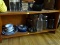 (BD2) SHELF LOT OF MISCELL.- ORIENTAL STYLE DISHES, ASH TRAYS, BRASS WEIGHTS, BOTTLES AND JARS, ITEM