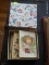 (BD2) BOX OF VINTAGE POSTCARDS AND MILK GLASS LAMP WITH FROSTED CHIMNEY- 18 IN H, ITEM IS SOLD AS IS
