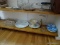 (KIT) GLASS LOT- REFRIGERATOR JAR, PRESSED GLASS SERVING DISH, COMPOTE, DIVIDED BLUE AND WHITE DISH,