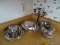 (KIT) SILVERPLATE LOT- 3 TRAYS, SERVING DISH WITH LID, VASE WITH FROG, 12 IN H CANDELABRA, ITEM IS