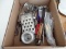 (KIT) COUNTER LOT- BOX OF KITCHEN UTENSILS, HORSESHOE SHAPED FRAME MADE FROM SHELLS, METAL MIRROR