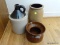 (KIT) 3 PCS OF STONEWARE- BROWN AND GRAY WHISKEY JUG WITH CHIP ON RIM- 12 IN H, HEAVILY CRACKED 2