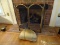 (LR) BRASS FIREPLACE FOLDING SCREEN AND BRASS LOG HOLDER, ITEM IS SOLD AS IS WHERE IS WITH NO