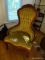 (LR) MAHOGANY VICTORIAN STYLE ROSE CARVED LADIES CHAIR IN GREEN VELVET- 26 IN X 21 IN X 41 IN- VERY