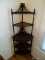 (LR) VINTAGE MAHOGANY CORNER WHATNOT STAND- HAS DAMAGE- 21 IN X 13 IN X 60 IN, ITEM IS SOLD AS IS