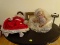 (LR) 2 DOLLS- PORCELAIN DOLL IN RED- 14 IN H AND COMPOSITION DOLL WITH MOVEABLE ARMS, LEGS AND EYES-