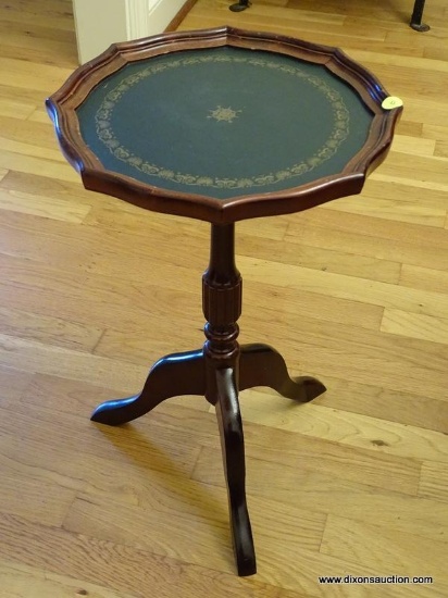 (DR) MAHOGANY PIE CRUST LEATHER TOP WINE TASTING TABLE OR CANDLESTAND- 13 IN X 20 IN, ITEM IS SOLD