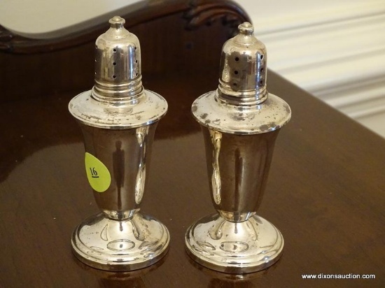 (DR) PR OF CROWN WEIGHTED STERLING SILVER SALT AND PEPPER SHAKERS- 4.5 IN H, ITEM IS SOLD AS IS
