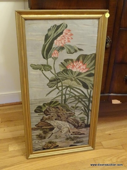 (DR) ANTIQUE FRAMED OIL ON CANVAS OF BIRD AND LILY PADS IN GOLD FRAME- 17 IN X 33 IN, ITEM IS SOLD