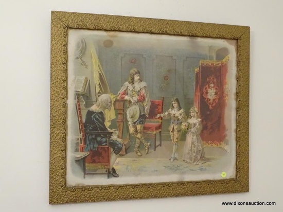 (DR) FRAMED ANTIQUE FRENCH PRINT IN GOLD FRAME- 28 IN X 34 IN, ITEM IS SOLD AS IS WHERE IS WITH NO