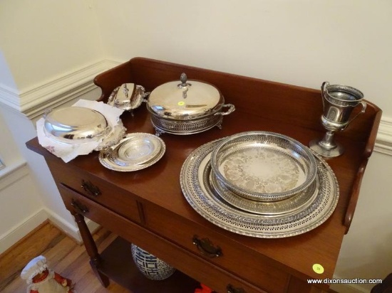 (DR) LOT OF SILVERPLATE- 4 TRAYS, 2 SERVING DISHES WITH LID, BUTTER DISH, ETC., ITEM IS SOLD AS IS