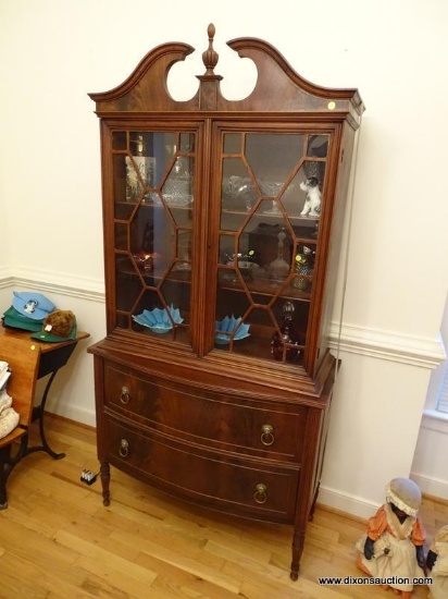 (DR) VINTAGE MAHOGANY CHINA WITH 2 DOORS OVER 2 DOVETAILED DRAWERS WITH MAPLE SECONDARY AND BRASS