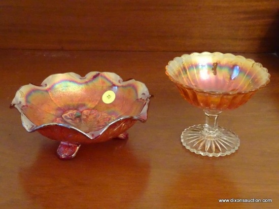 (DR) 2 PIECES OF CARNIVAL GLASS, FLUTED DISH MARKED INTERNATIONAL GLASS, ITEM IS SOLD AS IS WHERE IS