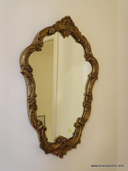 (HALL) ANTIQUE WOODEN GOLD GILT MIRROR- 20 IN X 30 IN, ITEM IS SOLD AS IS WHERE IS WITH NO