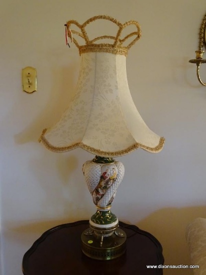 (LR) PR OF CAPODIMONTE LAMPS WITH BRASS BASS WITH DOLPHIN FEET, HAS FANCY VINTAGE SILK SHADES- 34 IN