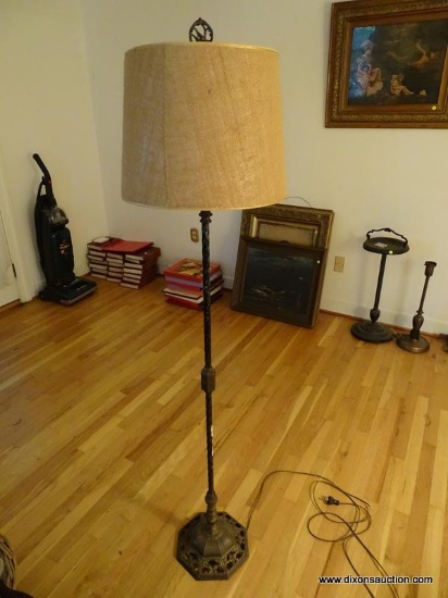 (LR) ANTIQUE BRASS FLOOR LAMP WITH SHADE- 63 IN H, ITEM IS SOLD AS IS WHERE IS WITH NO GUARANTEES OR