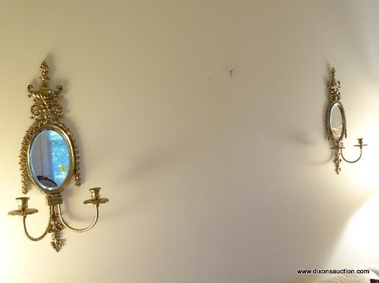 (LR) PR OF BRASS MIRRORED BACK WALL SCONCES- 11 IN X 23 IN, ITEM IS SOLD AS IS WHERE IS WITH NO