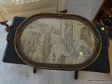 (SUNRM) VINTAGE WOOD DECORATED SERVING TRAY WITH TAPESTRY UNDER GLASS- 22 IN X 14 IN, ITEM IS SOLD