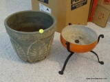 (SUNRM) TERRACOTTA PLANTER OR FERNS- 9 IN H AND PLANTER ON METAL STAND- 7 IN H, ITEM IS SOLD AS IS