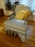 (MBD) VINTAGE MAHOGANY STAINED ARM CHAIR IN BLUE UPHOLSTERY- 24 IN X29 IN X 32 IN, ITEM IS SOLD AS