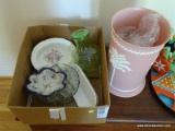 (BD2) BOX LOT OF MISCELL. GLASS AND WEDGEWOOD STYLE TRASH CAN, ITEM IS SOLD AS IS WHERE IS WITH NO