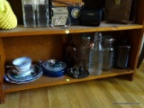 (BD2) SHELF LOT OF MISCELL.- ORIENTAL STYLE DISHES, ASH TRAYS, BRASS WEIGHTS, BOTTLES AND JARS, ITEM