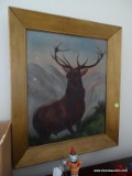 (BD) ANTIQUE FRAMED OIL ON CANVAS OF ELK IN GOLD FRAME- 20.5 IN X 24 IN, ITEM IS SOLD AS IS WHERE IS