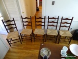 (KIT) 5 CHERRY LADDER BACK RUSH BOTTOM CHAIRS- 18 IN X 15IN X 40 IN, ITEM IS SOLD AS IS WHERE IS