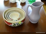 (KIT) 4 HAND PAINTED GRADUATED MIXING BOWLS FROM BELGIUM AND A MCCOY PITCHER- 9 IN H, ITEM IS SOLD