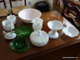 (KIT) LARGE LOT OF VINTAGE DEPRESSION GLASS AND MILK GLASS, VASE, CREAM AND SUGAR, CAKE STAND, HEN