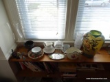 (KIT) SHELF LOT- 13 IN H PAINTED VASE, CANDY DISH, CANDLEWICK TRAY, CAT FIGURES, MINIATURE BOWL AND