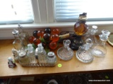 (KIT) SHELF LOT- PR. OF CRUETS, CRUET SET, AMBER GLASS LIGHTER, LIGHT UP GLASS GRAPES, ETC., ITEM IS