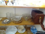 (KIT) GLASS LOT- CAKE STAND, PRESSED GLASS BOWLS, LEATHER CASE, ETC., ITEM IS SOLD AS IS WHERE IS