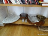 (KIT) SHELF LOT- PRESSED GLASS SERVING PIECES, PLATTER, TRAYS, BRASS BOWL, BRASS INSECT ASHTRAY,