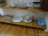 (KIT) GLASS LOT- REFRIGERATOR JAR, PRESSED GLASS SERVING DISH, COMPOTE, DIVIDED BLUE AND WHITE DISH,