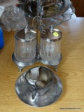 (KIT) ANTIQUE SILVER PLATED PICKLE CASTER SET AND MUSTACHE CUP WITH SAUCER, ITEM IS SOLD AS IS WHERE