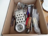 (KIT) COUNTER LOT- BOX OF KITCHEN UTENSILS, HORSESHOE SHAPED FRAME MADE FROM SHELLS, METAL MIRROR