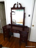 (UPBD) VINTAGE MAHOGANY VANITY WITH ATTACHED MIRROR- 7 DOVETAILED DRAWERS WITH MAPLE SECONDARY- 48