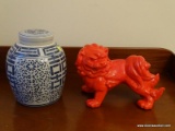 (DR) BLUE AND WHITE ORIENTAL GINGER JAR WITH LID- 10 IN H AND ORANGE CERAMIC FOO DOG - 12 IN X 10