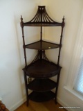 (LR) VINTAGE MAHOGANY CORNER WHATNOT STAND- HAS DAMAGE- 21 IN X 13 IN X 60 IN, ITEM IS SOLD AS IS