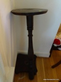 (LR) VINTAGE MAHOGANY CANDLE STAND- NEEDS REATTACHING- 36 IN H, ITEM IS SOLD AS IS WHERE IS WITH NO