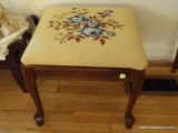 (LR) CHERRY QUEEN ANNE STOOL WITH NEEDLEPOINT SEAT- 17 IN X 17 IN X 15 IN, ITEM IS SOLD AS IS WHERE