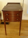 (LR) VINTAGE INLAID MAHOGANY 2 DRAWER END TABLE, DRAWERS ARE DOVETAILED WITH OAK SECONDARY BACK