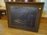 (LR) ANTIQUE FRAMED LATE 19TH CEN OIL ON CANVAS OF SAILING SHIP AT NIGHT BY M. E . SWIMLEY IN BROWN