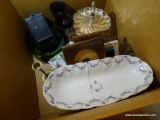 (LR) BOX LOT- SILVERPLATE PASTRY STAND, GLASS DISH ON METAL BASE, PR. OF SILHOUETTES, 2 HAND CARVED