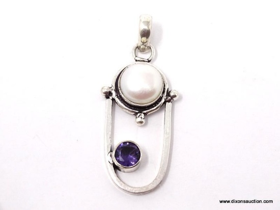 .925 RHODIUM 1 2/4" BEAUTIFUL WHITE FRESHWATER PEARL; WITH AMETHYST ACCENT PENDANT - NEW! SRP $59.00
