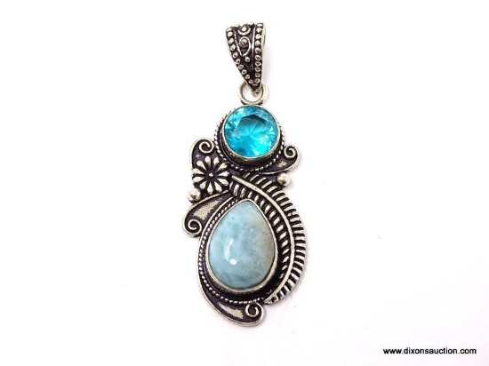 .925 1 3/4" GORGEOUS DETAILED LARIMAR AND BLUE TOPAZ PENDANT - NEW! SRP $49.00